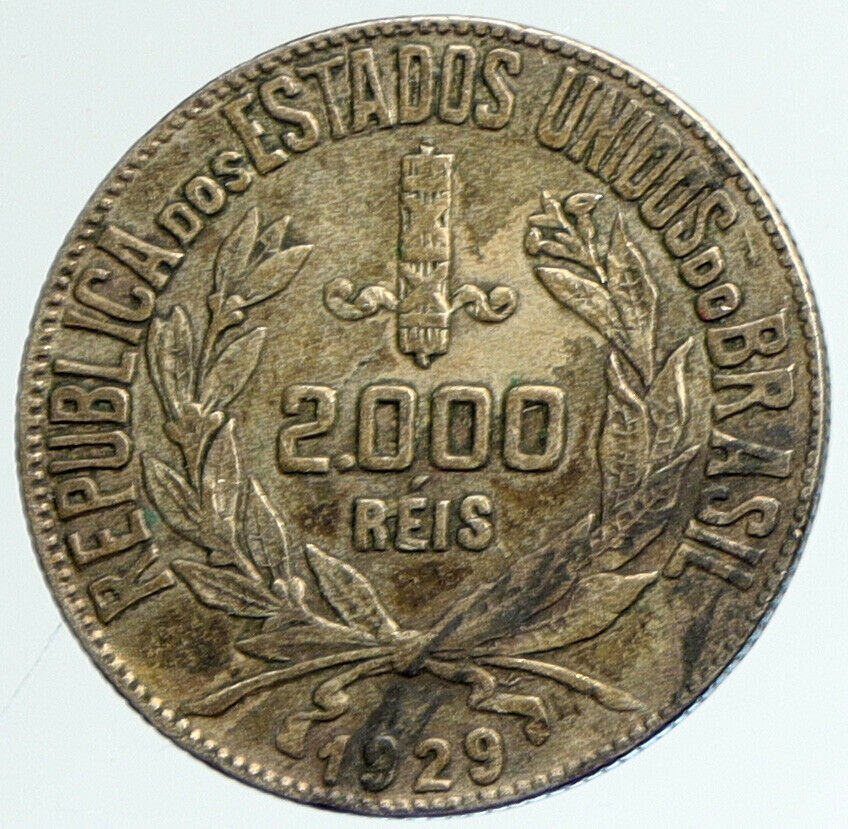 1929 BRAZIL Woman of Republic Antique Brazilian Silver 2000 Reis Coin i111636