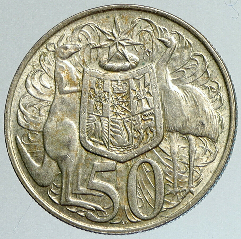 1966 AUSTRALIA UK Queen Elizabeth II with Kangaroos Silver 50 Cents Coin i111638