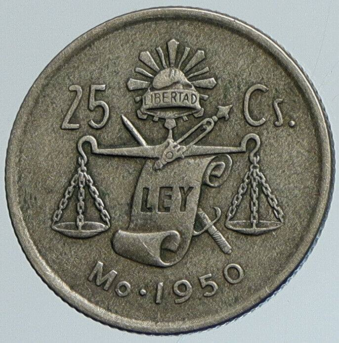 1950 MoM MEXICO Eagle & Cap Antique OLD Mexican Silver 25 Centavos Coin i111648