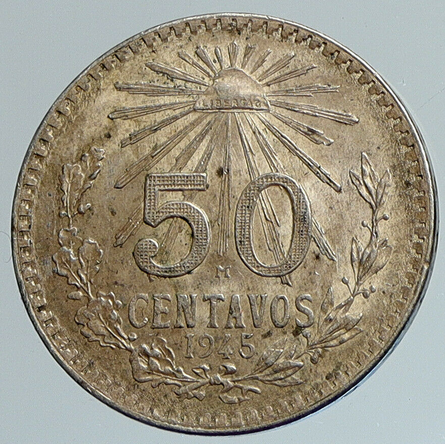 1945 MEXICO City EAGLE CACTUS SERPENT Silver 50 Centavos Mexican Coin i111654