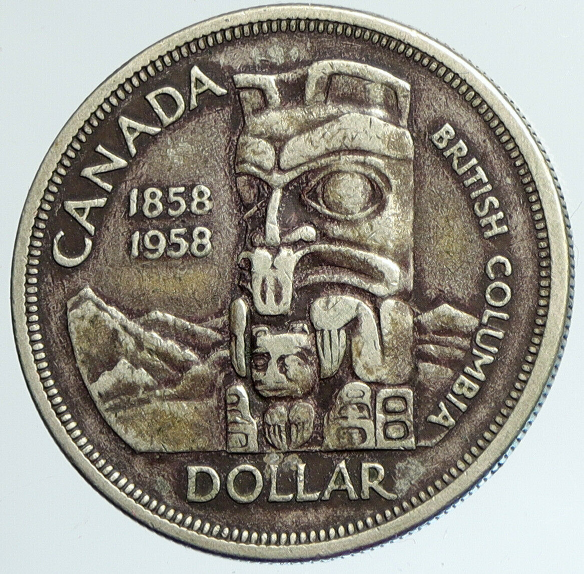 1958 CANADA British Columbia Centennial Totem Pole Large OLD Silver Coin i111664