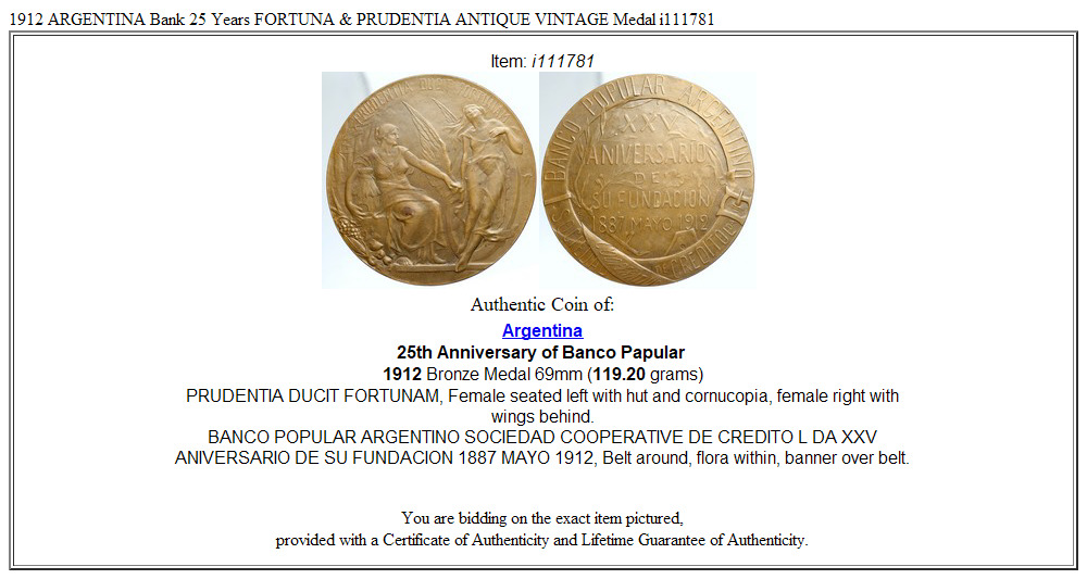 1912 ARGENTINA Bank 25 Years FORTUNA & PRUDENTIA ANTIQUE VINTAGE Medal i111781