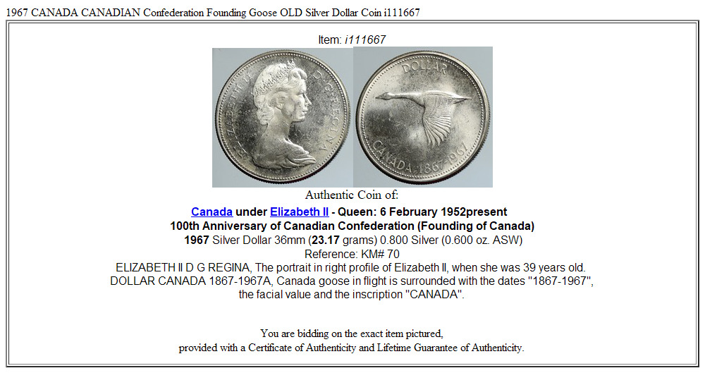 1967 CANADA CANADIAN Confederation Founding Goose OLD Silver Dollar Coin i111667