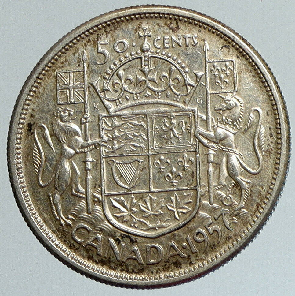 1957 CANADA UK Queen Elizabeth II OLD Vintage SILVER 50 Cents Coin Arms i111669