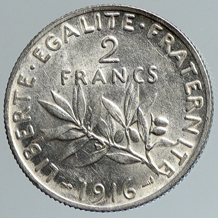 1916 FRANCE Antique Silver 2 Francs French Coin w La Semeuse Sower Woman i111678