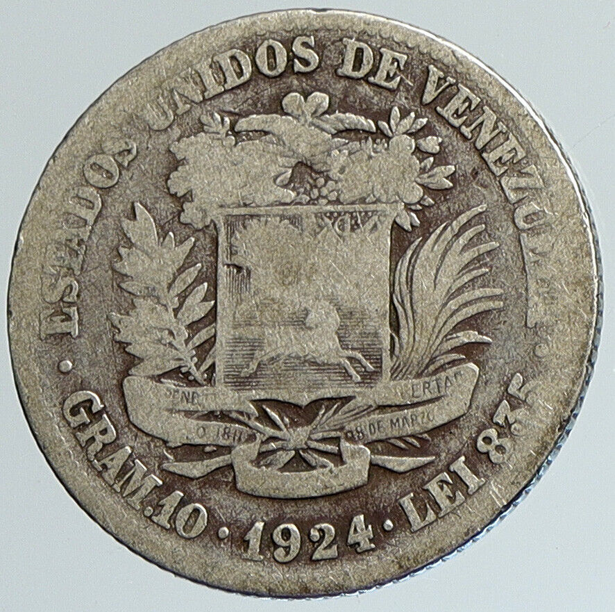 1923 Freemason President Simon Bolivar VENEZUELA Founder 2BL Silver Coin i111676