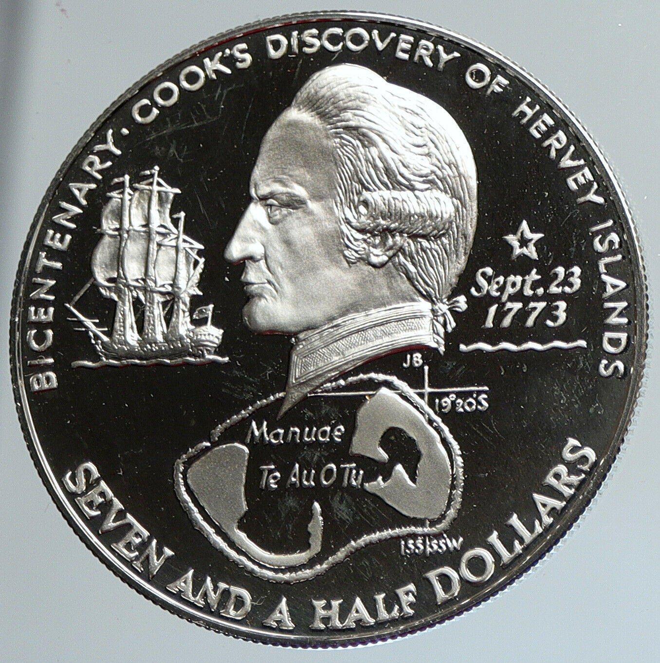 1973 COOK ISLANDS Elizabeth II James Cook Proof Silver 7 1/2 Dollar Coin i111674