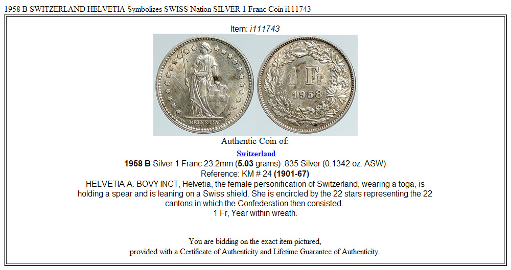 1958 B SWITZERLAND HELVETIA Symbolizes SWISS Nation SILVER 1 Franc Coin i111743
