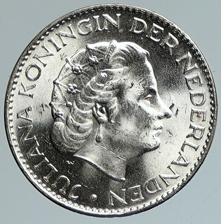 1965 NETHERLANDS Kingdom Queen JULIANA Vintage OLD Silver 1 Gulden Coin i111742