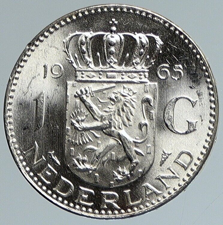 1965 NETHERLANDS Kingdom Queen JULIANA Vintage OLD Silver 1 Gulden Coin i111742