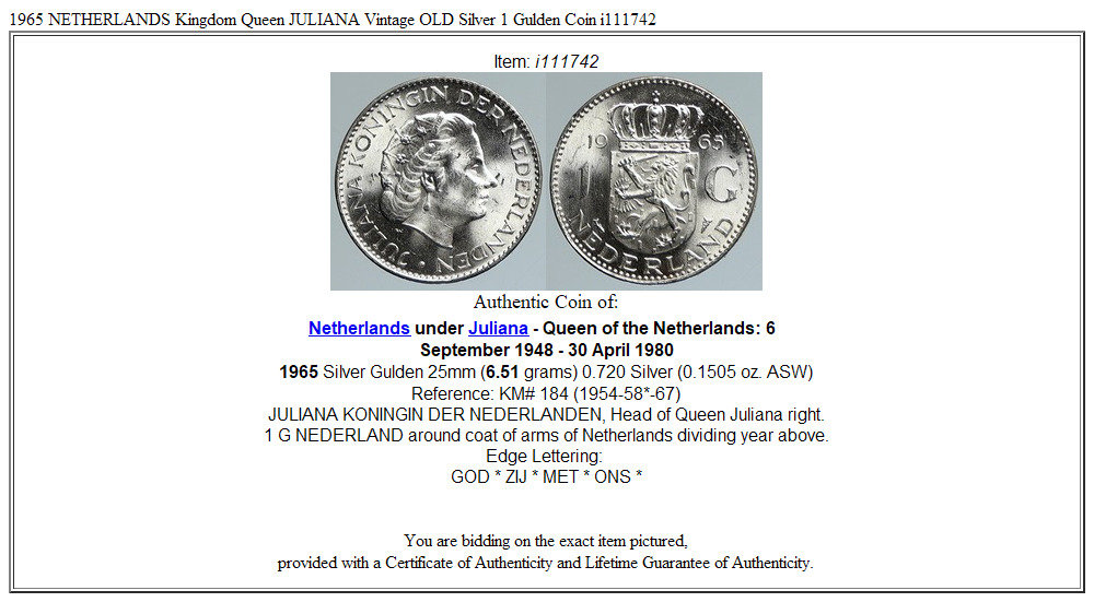 1965 NETHERLANDS Kingdom Queen JULIANA Vintage OLD Silver 1 Gulden Coin i111742