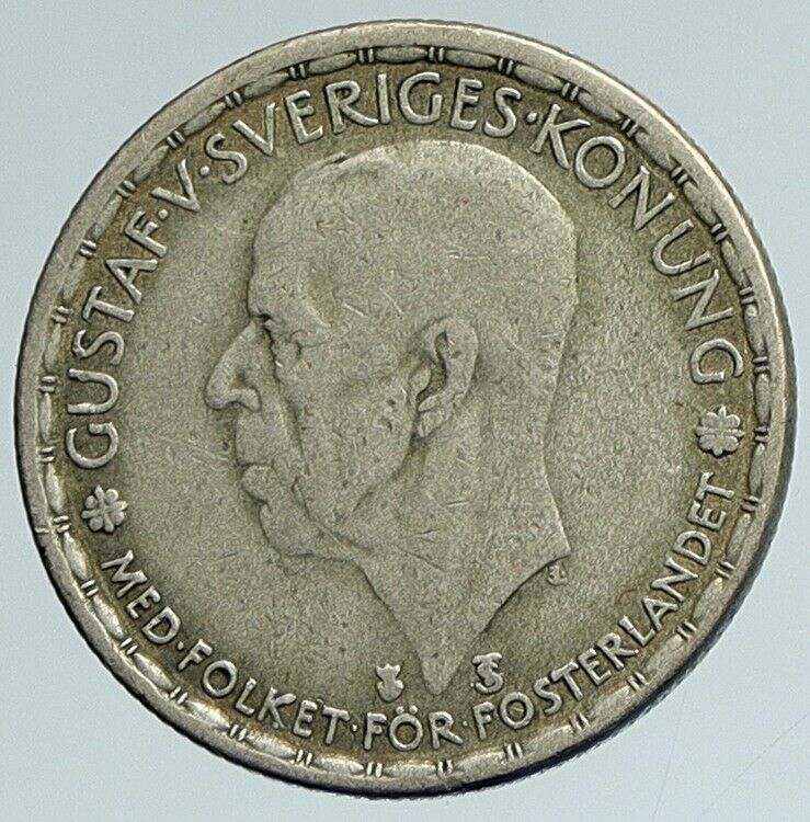 1948 Sweden KING GUSTAF V Crowned ARMS Vintage Genuine Silver Krona Coin i111750