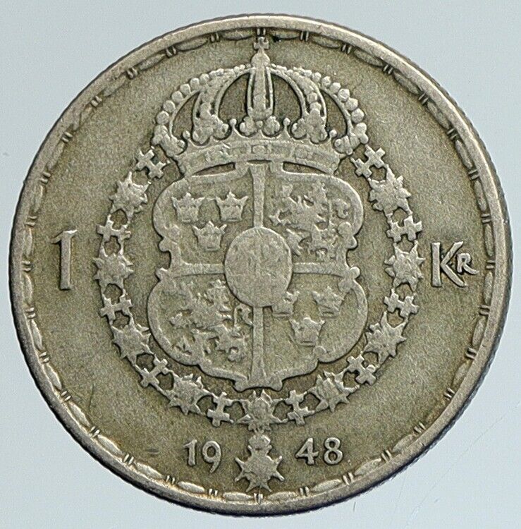 1948 Sweden KING GUSTAF V Crowned ARMS Vintage Genuine Silver Krona Coin i111750