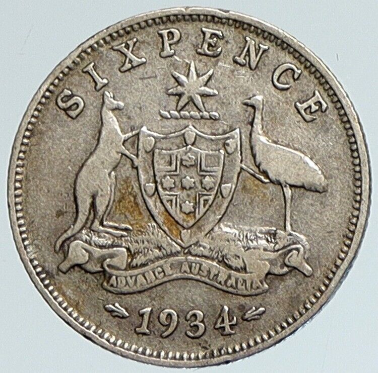 1934 AUSTRALIA King George V Coat-of-Arms Antique Silver Sixpence Coin i111745