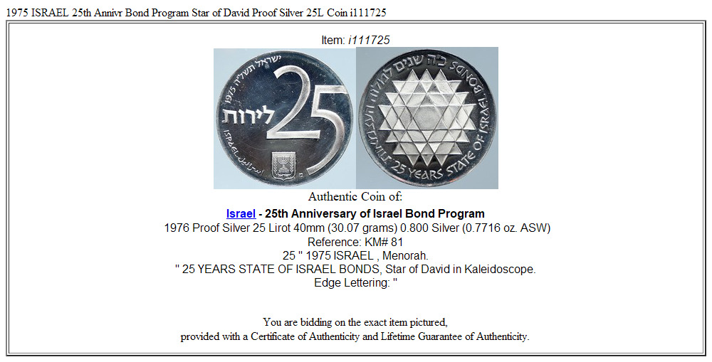 1975 ISRAEL 25th Annivr Bond Program Star of David Proof Silver 25L Coin i111725