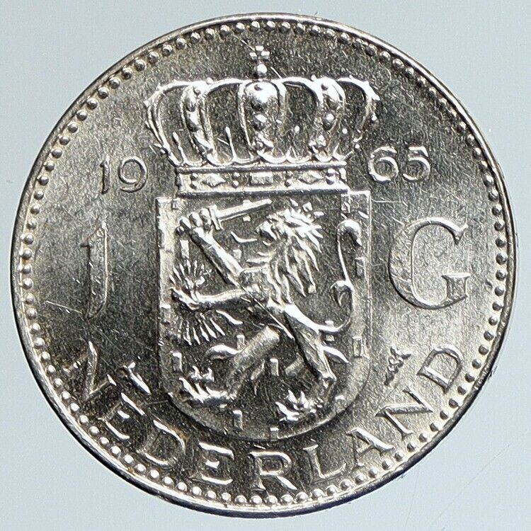 1965 NETHERLANDS Kingdom Queen JULIANA Vintage OLD Silver 1 Gulden Coin i111744