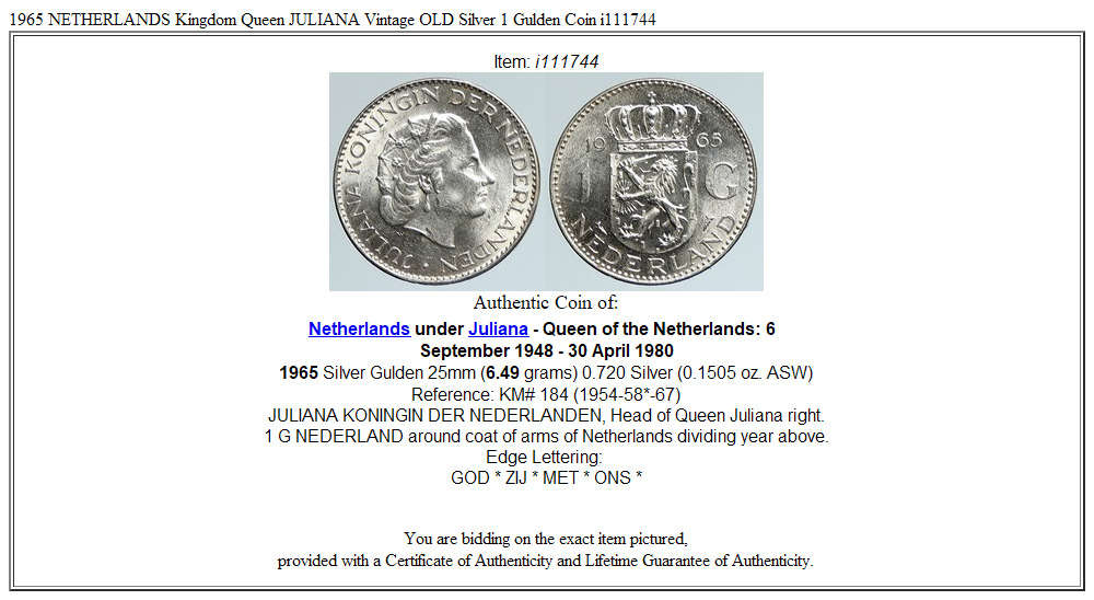 1965 NETHERLANDS Kingdom Queen JULIANA Vintage OLD Silver 1 Gulden Coin i111744