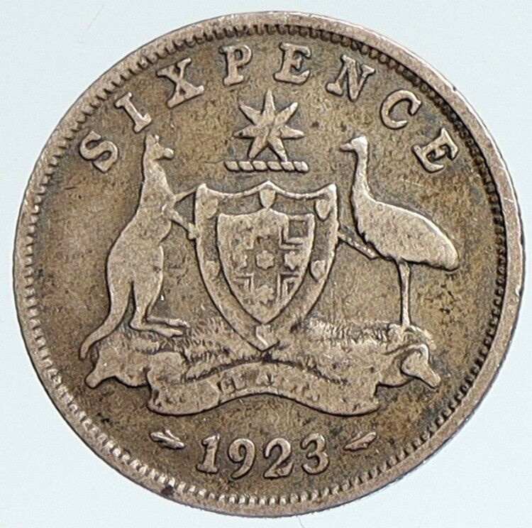 1923 AUSTRALIA King George V Coat-of-Arms Antique Silver Sixpence Coin i111741