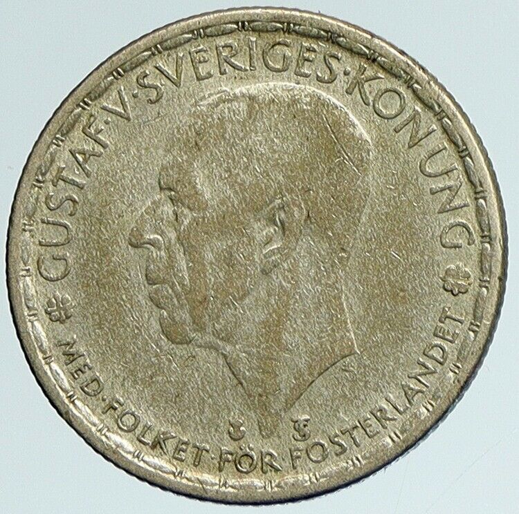 1948 Sweden KING GUSTAF V Crowned ARMS Vintage Genuine Silver Krona Coin i111746
