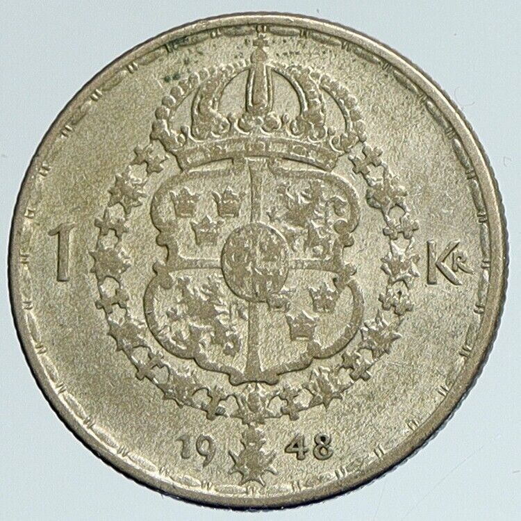 1948 Sweden KING GUSTAF V Crowned ARMS Vintage Genuine Silver Krona Coin i111746