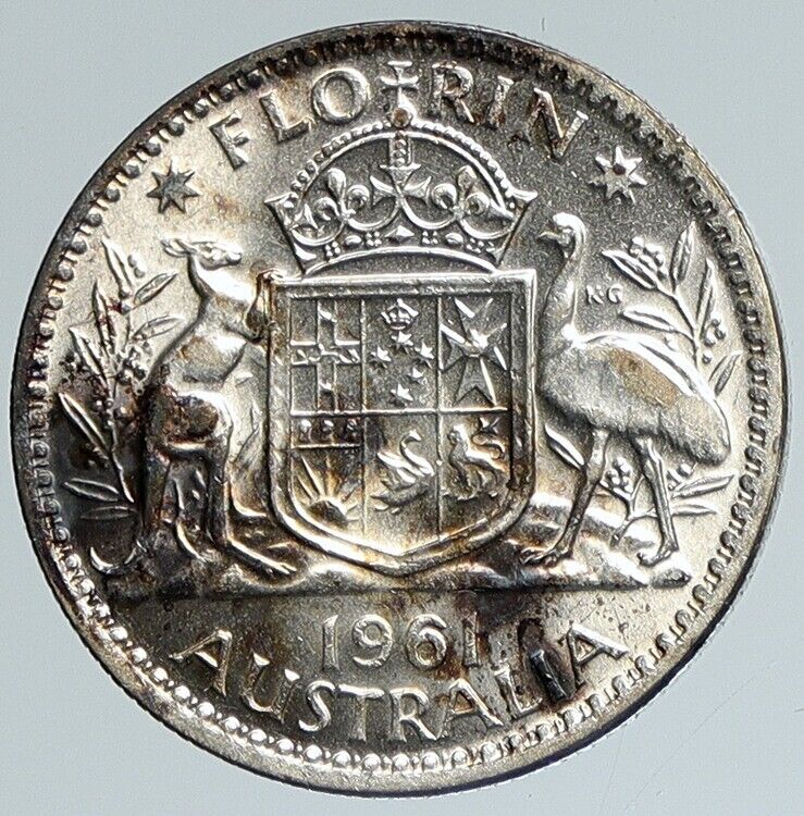 1961 AUSTRALIA UK Queen Elizabeth II OLD SILVER FLORIN Coin Coat-of-Arms i111748