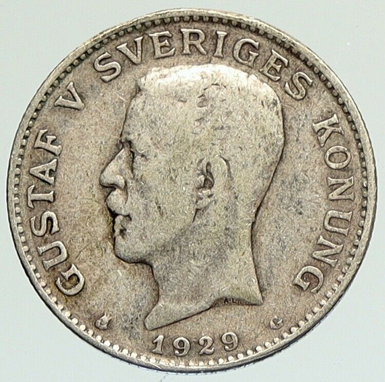 1929 Sweden GUSTAF V Crowned ARMS Antique OLD Vintage Silver Krona Coin i111849