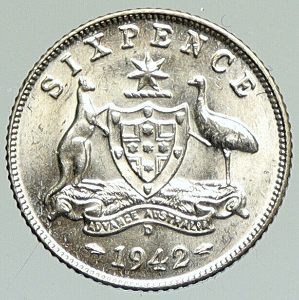 1942 D AUSTRALIA King George VI Kangaroos Antique Silver Sixpence Coin i111867