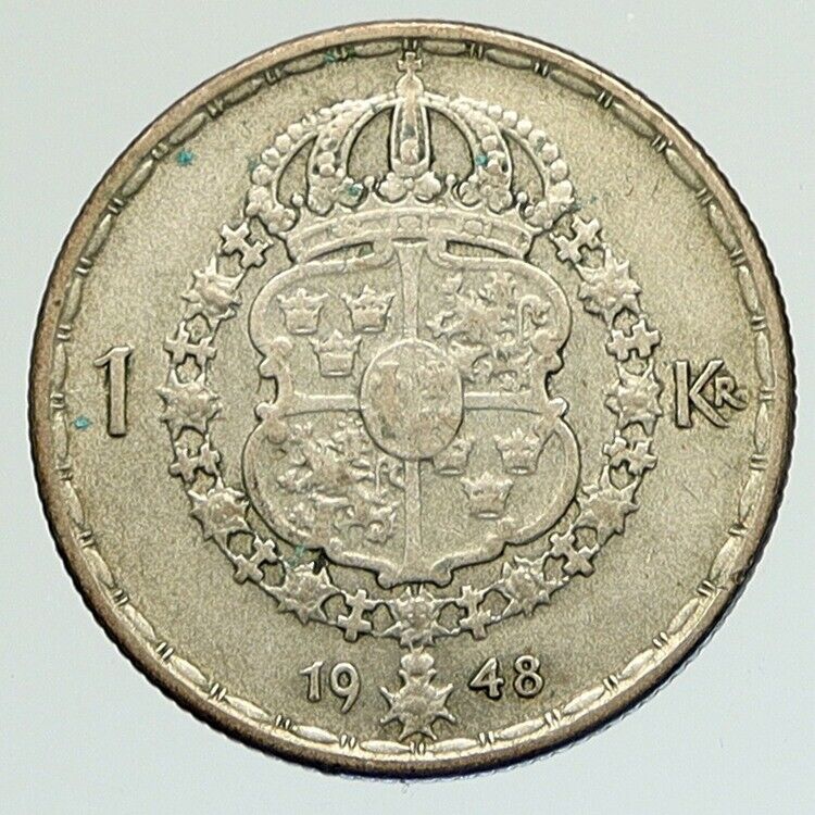 1948 SWEDEN King GUSTAV V ADOLF 1 Krona OLD Silver SWEDISH Vintage Coin i111847