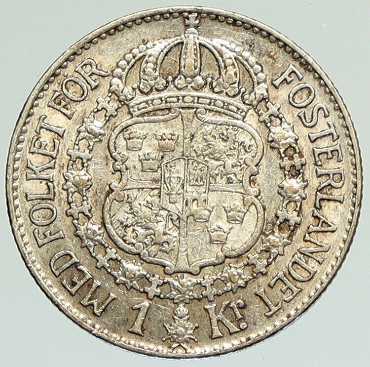 1934 G Sweden GUSTAF V Silver Krona Crowned ARMS Antique Vintage Coin i111854