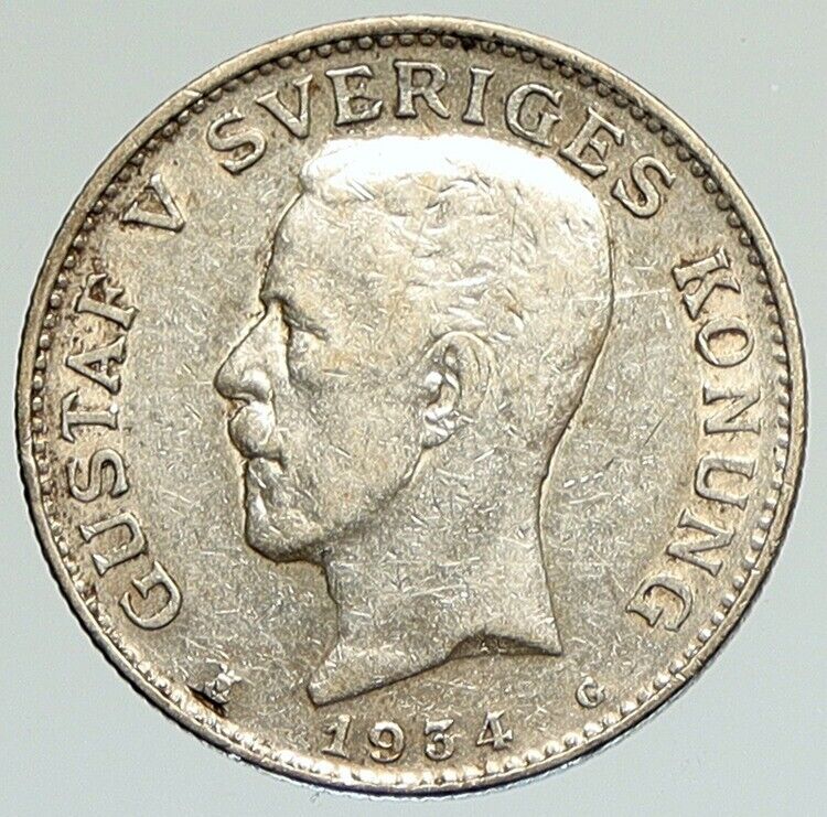 1934 G Sweden GUSTAF V Silver Krona Crowned ARMS Antique Vintage Coin i111854