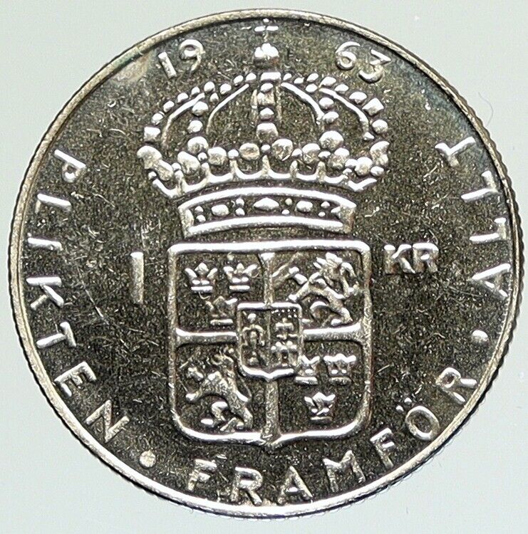 1963 Sweden GUSTAF VI Crowned ARMS Vintage Proof-like Silver Krona Coin i111846