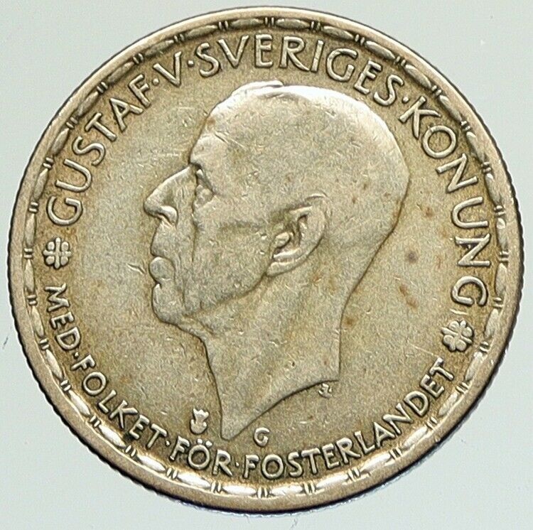 1943 Sweden KING GUSTAF V Crowned ARMS Antique Vintage Silver Krona Coin i111848