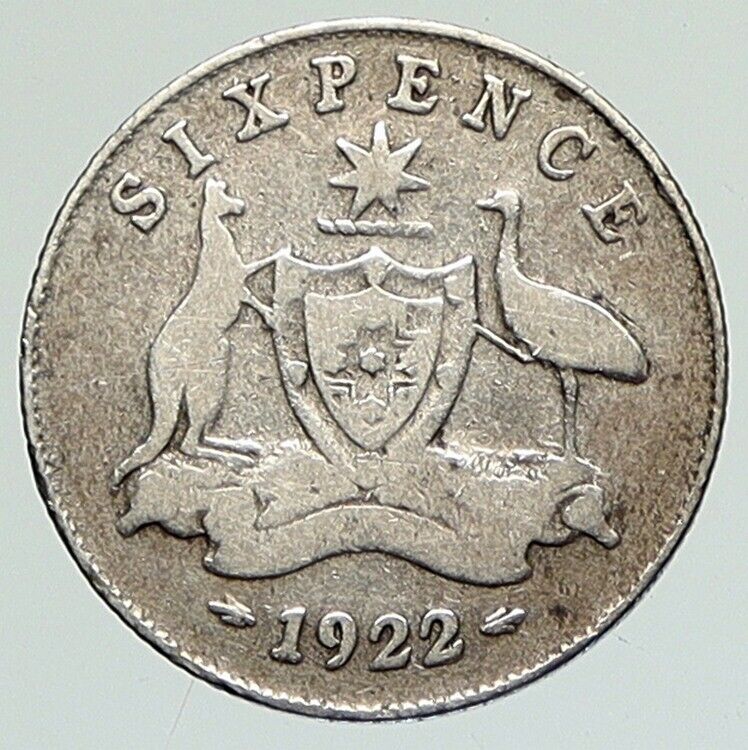 1922 AUSTRALIA King George V Coat-of-Arms - SIXPENCE Antique SILVER Coin i111836