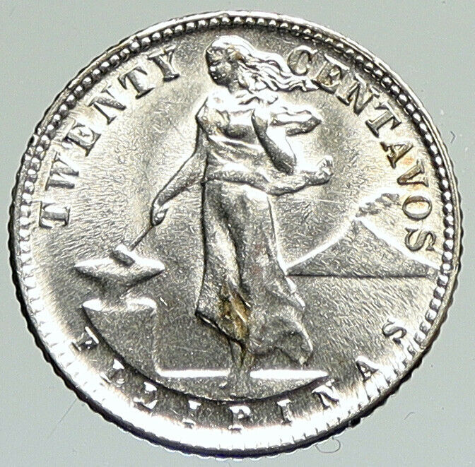 1944 D PHILIPPINES Under US Administration Eagle Silver 20 Centavos Coin i111869