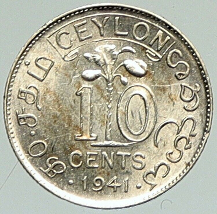 1941 CEYLON now SRI LANKA UK King George VI Antique OLD Silver 10 Cents i111868