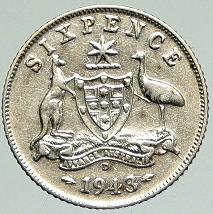 1943 D AUSTRALIA King George VI Kangaroos Antique Silver Sixpence Coin i111842