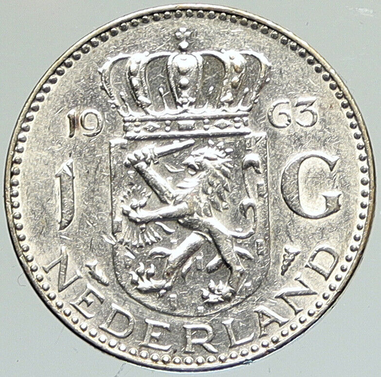 1963 NETHERLANDS Kingdom Queen JULIANA Vintage OLD Silver 1 Gulden Coin i111875