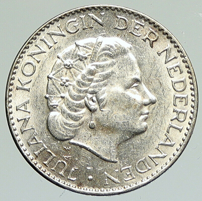 1956 NETHERLANDS Kingdom Queen JULIANA Vintage OLD Silver 1 Gulden Coin i111871
