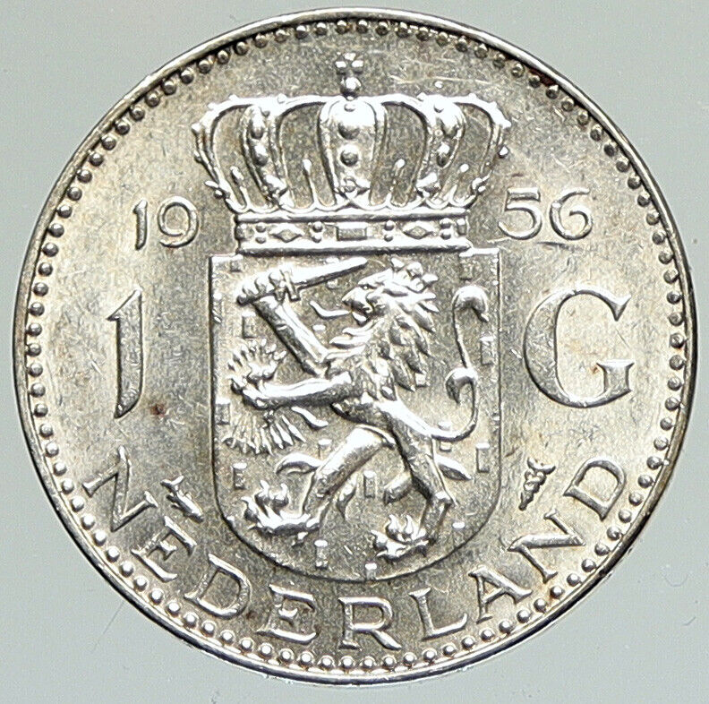 1956 NETHERLANDS Kingdom Queen JULIANA Vintage OLD Silver 1 Gulden Coin i111871