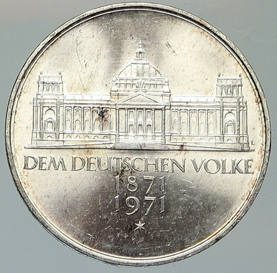 1971 G GERMANY 1871 Reichstag Building Berlin OLD Silver 5 Mark Coin i112018