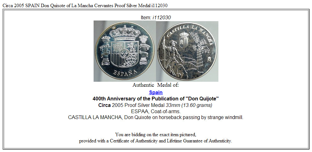 Circa 2005 SPAIN Don Quixote of La Mancha Cervantes Proof Silver Medal i112030