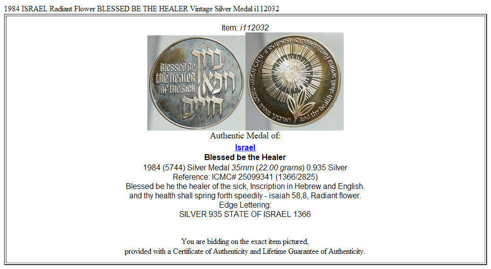 1984 ISRAEL Radiant Flower BLESSED BE THE HEALER Vintage Silver Medal i112032