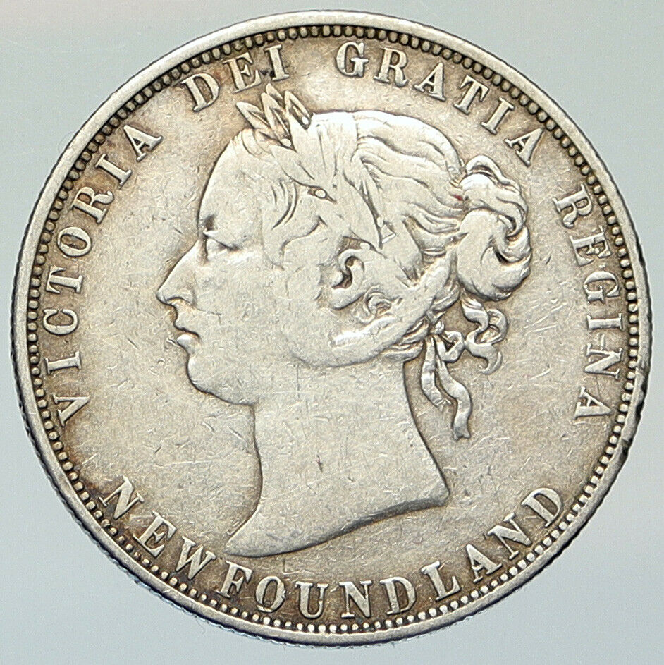1880 CANADA NEWFOUNDLAND UK Queen VICTORIA Antique Silver 50 Cents Coin i112022