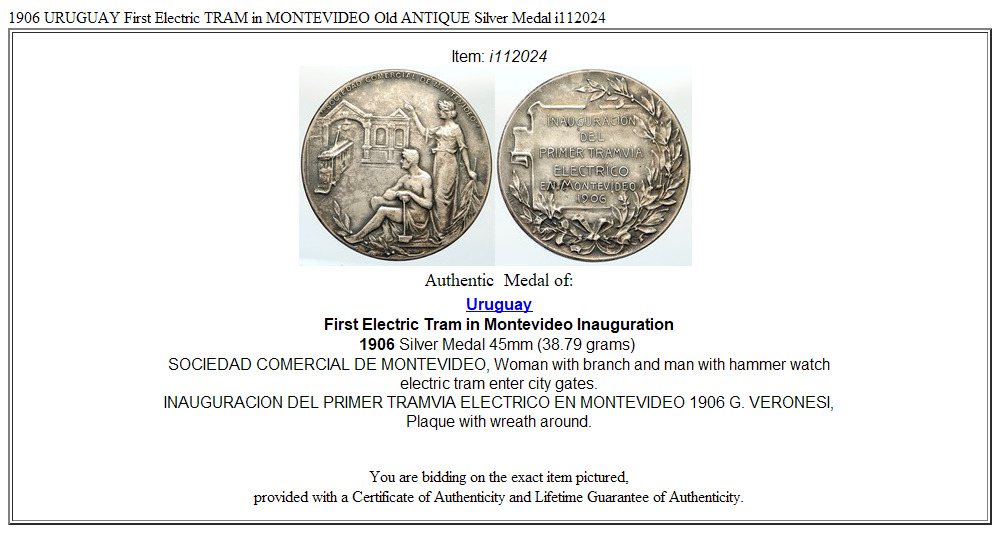 1906 URUGUAY First Electric TRAM in MONTEVIDEO Old ANTIQUE Silver Medal i112024