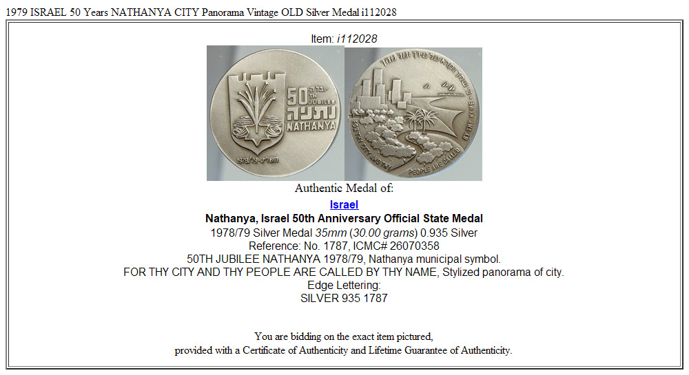 1979 ISRAEL 50 Years NATHANYA CITY Panorama Vintage OLD Silver Medal i112028