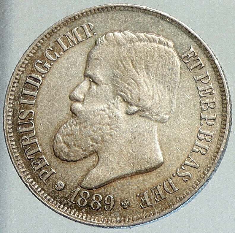 1889 BRAZIL w King Dom Pedro II Antique Brazilian Silver 500 Reis Coin i112027
