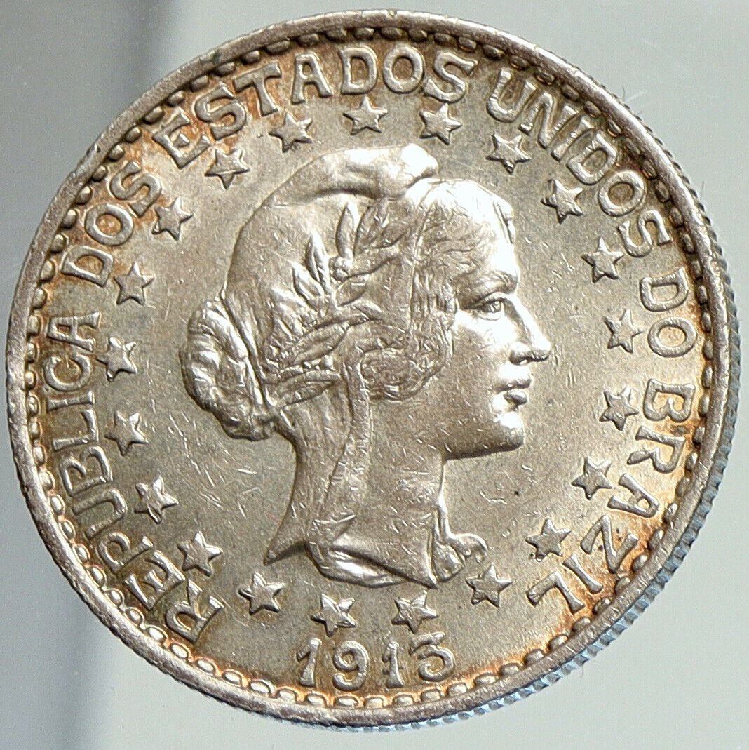 1913 BRAZIL Genuine LIBERTY Head Brazilian OLD Silver 2000 Reis Coin i112037