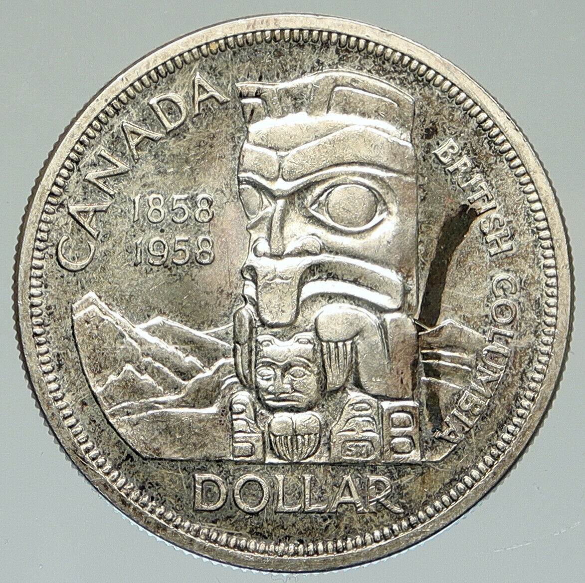 1958 CANADA British Columbia Centennial Totem Pole Large OLD Silver Coin i112045