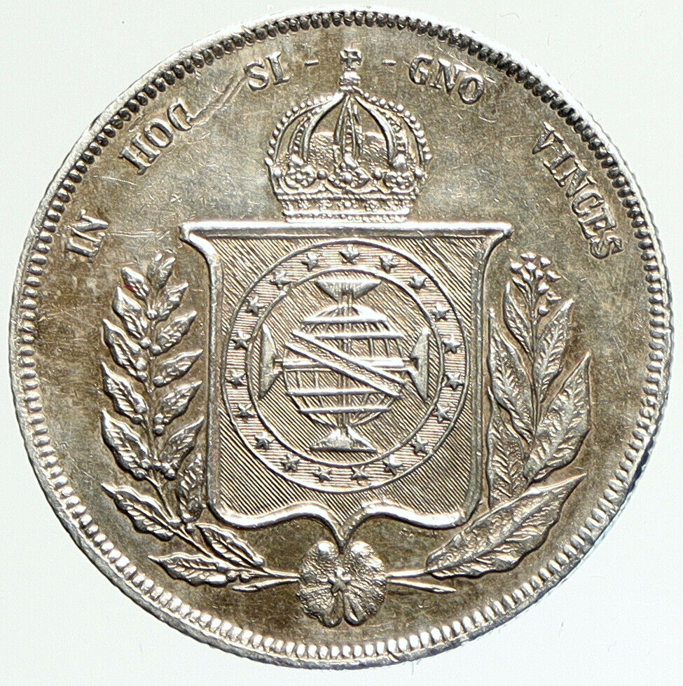 1860 BRAZIL Silver 1000 Reis Antique Brazilian Coin w Coat-Of-Arms i112083