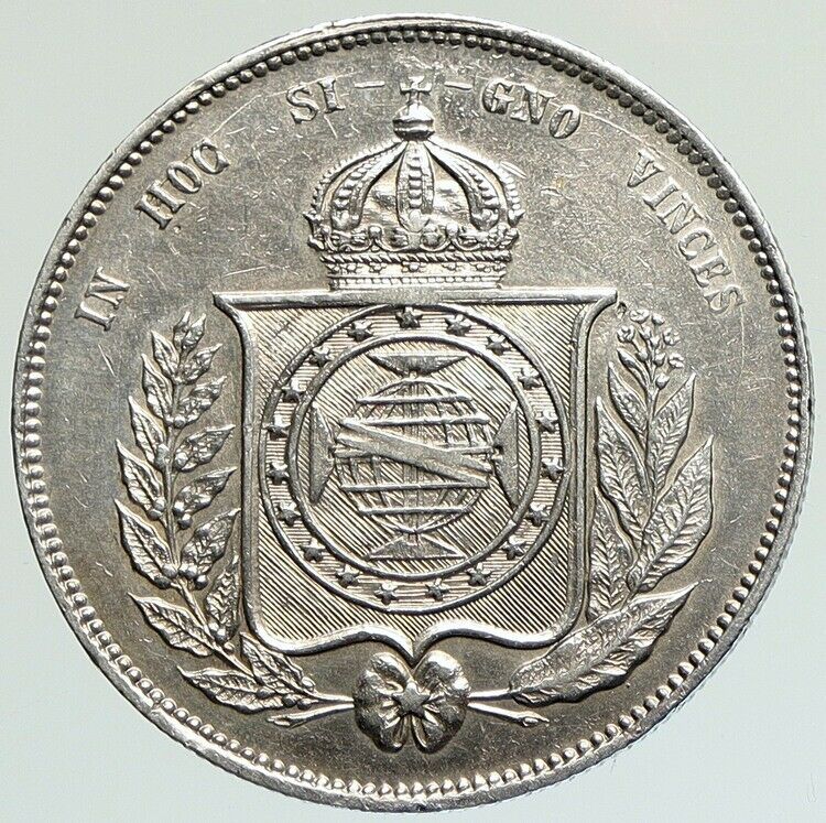 1855 BRAZIL w King Dom Pedro II Antique Brazilian Silver 2000 Reis Coin i112087